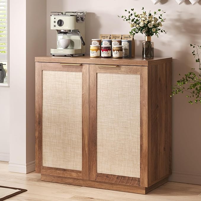 HOMMPA Rattan Sideboard Buffet Kitchen Storage Cabinet with Doors Boho Large Wood Cabinet with Adjustable Shelves for Dining Room Kitchen Living Room Hallway Entry Natural Brown