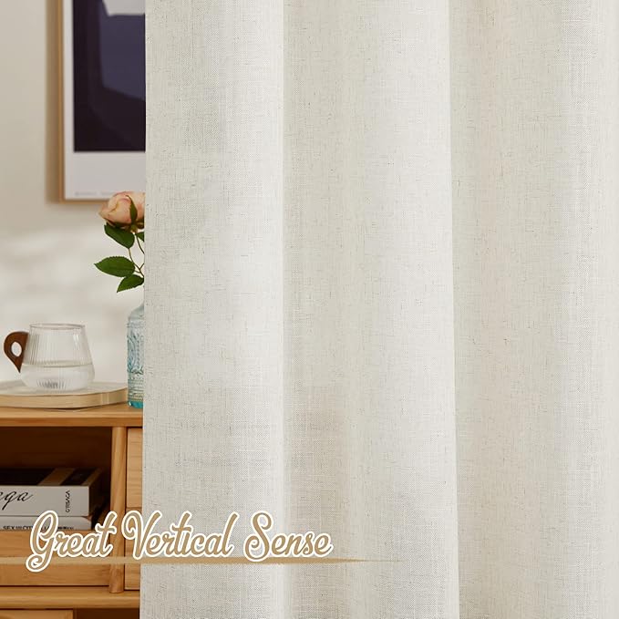 NICETOWN Linen Curtains for Bedroom 95 inch Long, Grommet Flax Linen Weave Window Curtains & Drapes Semi Sheer Privacy with Light Filtering for Living Room, W42 x L95, 2 Panels