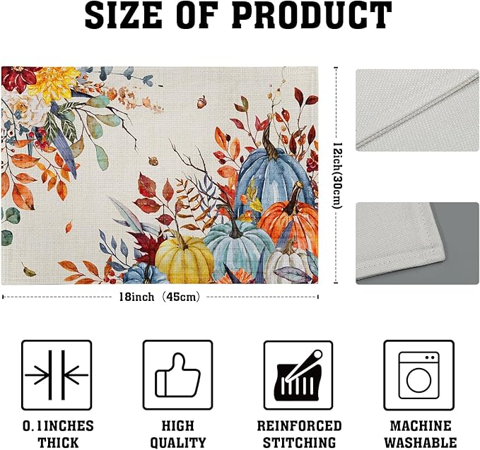 Giwawa Fall Thanksgiving Placemats Set of 4 Watercolor Autumn Pumpkins Floral Linen Table Mats 12x18 Inch Washable Heat Resistance for Kitchen Dining Farmhouse Holiday Decor