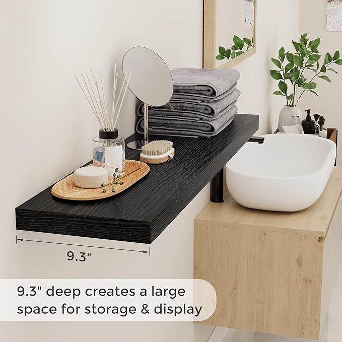 Fun Memories 40 Inch Black Floating Shelves, 9 Inch Deep Floating Shelves Wall Mounted, Rustic Wood Wall Shelves 40 x 9, Deep Wall Shelf for Bedroom, Living Room, Kitchen Storage & Display, Set of 2