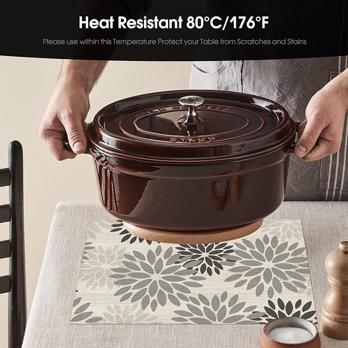 Artoid Mode Floral Vinyl Placemats Set of 4, 12x18 Inch Wipeable Non-Slip PVC Place Mats for Party Kitchen Dining Decor, Grey
