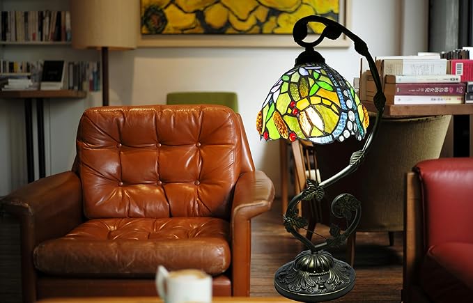 Tiffany Lamp,21x11x8 inches Stained Glass Lamp,Dragonfly Tiffany Style Table Lamp with Three-Color Dimming for Bedside Table,Dining Table,Antique Office