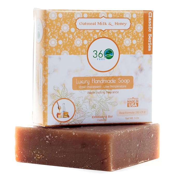 360Feel Oatmeal Milk and Honey Soap - Handcrafted Castile Soap Bar with Soothing Scent - Handmade with Essential Oil - Suitable Gift for Anniversaries, Weddings, and Holiday Stockings - Rich Lather