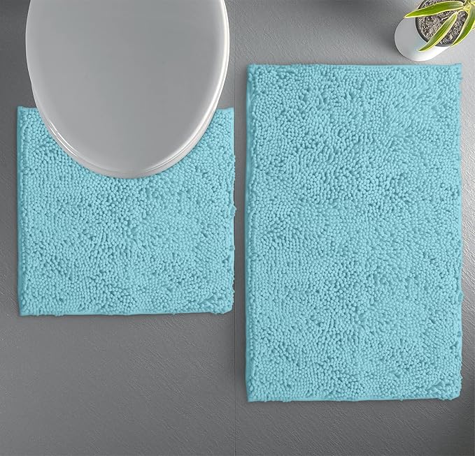 LuxUrux Bathroom Rugs Sets 2 Piece: Quick Dry, Soft Plush Anti-Slip, Super Absorbent. Includes Rectangular (31x20 inches) & U-Shaped Toilet Mat (20x20 inches) | Spa Blue
