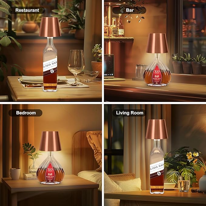 Wine Bottle Lamp, 2025 New 3 Color Rechargeable Wireless Bottle Lamp for Liquor Bottles with Touch Dimming for Parties, Restaurants & Home Decor (Rose Gold)