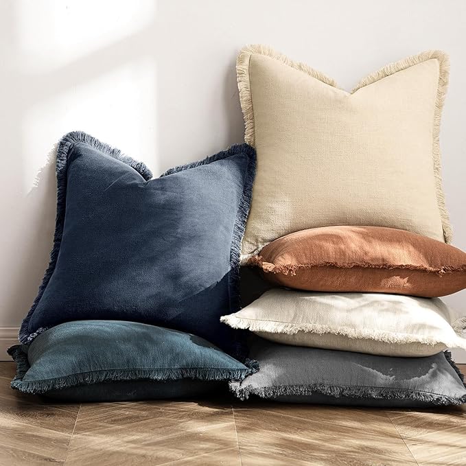 MIULEE Decorative Throw Pillow Covers Neutral Linen Fringe Throw Pillows Set of 2 Indigo Blue Boho Farmhouse Cushion Covers with Tassels for Couch Sofa Bed Living Room Spring Home Decor 20x20 Inch