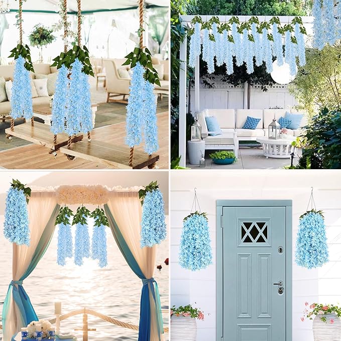 Artificial Lilac Flowers Garland 8Pcs-24Branches 33.5in Fake Syringa Wisteria Vines Faux Silk Lilac Hanging Floral Decoration for Indoor Outdoor Wedding Arch Birthday Party Garden Balcony (Blue)