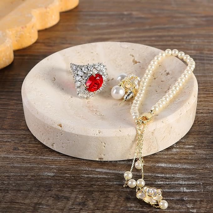 Koville Small Travertine Jewelry Dish, 4" Round Trinket Dish for Ring Necklace Earring, Beige Travertine Soap Dish for Bathroom Kitchen, Natural Stone Small Decorative Dish