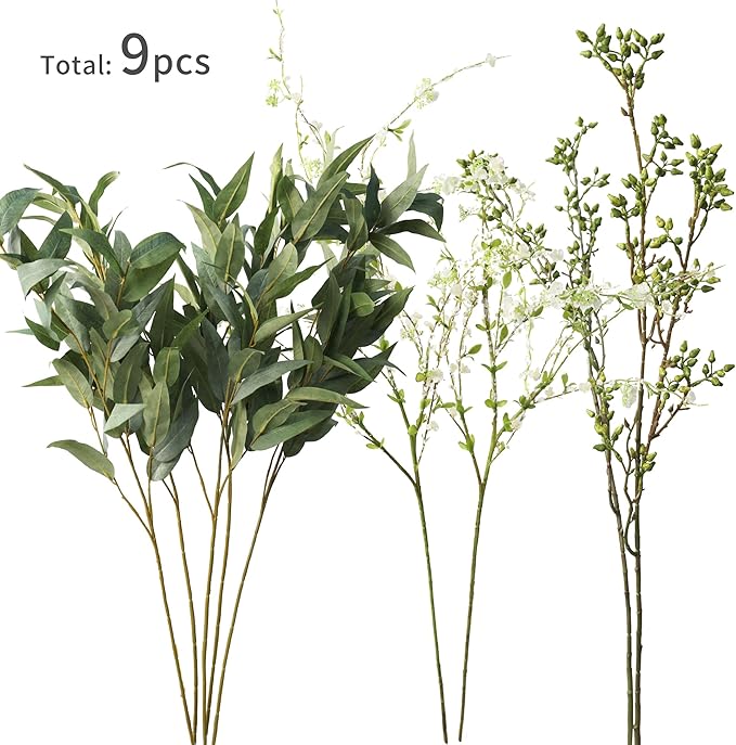MISSPIN Artificial Flowers with Greenery Stems Faux Plants Indoor Branches for Tall Vase Ultra-Realistic, 9 Pcs Wedding Centerpieces, Home Decor & DIY Bouquets