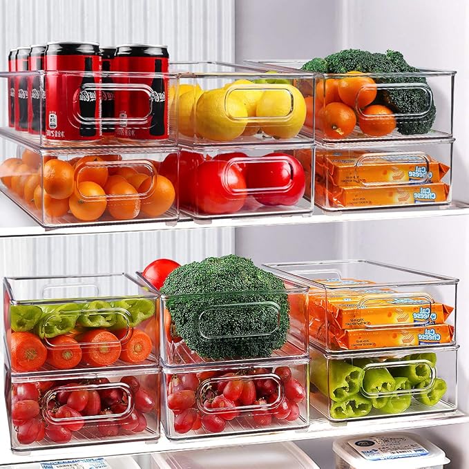 Stackable Refrigerator Organizer Bins, 6 Pack Clear Kitchen Organizer Container Bins with Handles and 20 PCS Plastic Bags for Pantry, Cabinets, Shelves, Drawer, Freezer - Food Safe, BPA Free 10"L