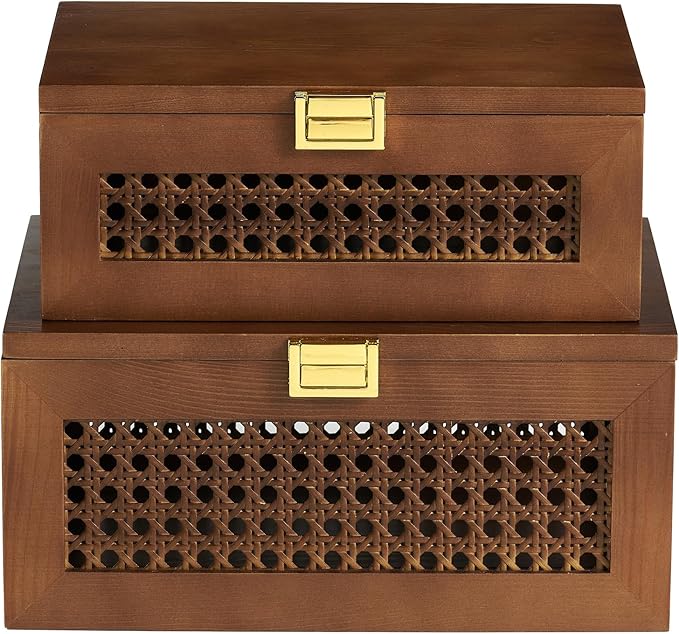 2PCS Decorative Rattan Storage Boxes Solid Wood Baskets Bins with Lid Keepsake Memory Jewelry Box Natural Boho Shelf Wicker Closet Desk Organizer Container (Walnut, 1 Large 1 Small)