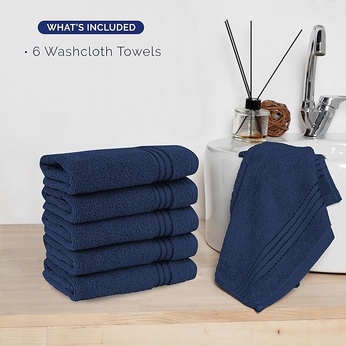 Elegant Comfort Premium Turkish Cotton 6 Pack Washcloths Set - 13 x 13 inch, Luxurious Hotel Spa Quality 100% Turkish Cotton 6PC Washcloth Set - Highly Absorbent - Soft Bathroom Towels, Navy Blue