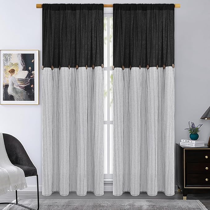 ASPMIZ Cotton Linen Farmhouse Curtains for Living Room, Boho Rustic Window Curtain Panels, Black with Grey Stripe Country Curtains for Bedroom, Back Tab Modern Drapes for Windows 52 x 84 Inch 2 Panels