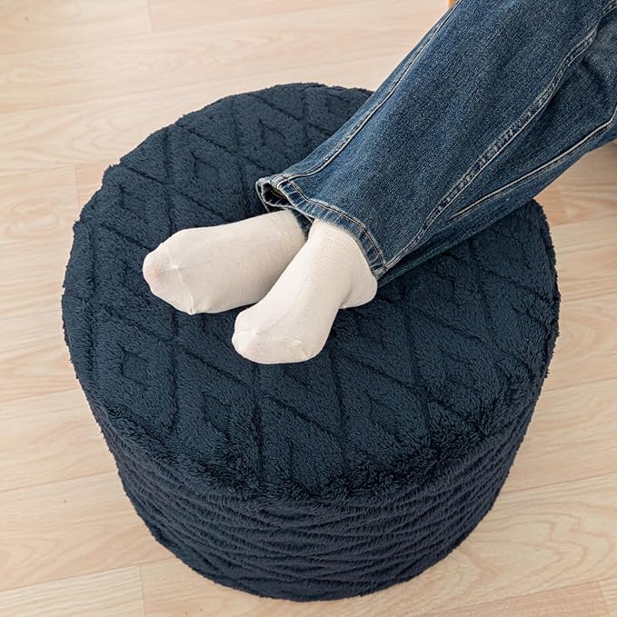 Fluffy Round Ottoman Pouf with All-in-One Foam Filling 20" x 14" Furry Ottoman Foot Rest Foot Stool for Living Room or Bedroom (Navy Blue)