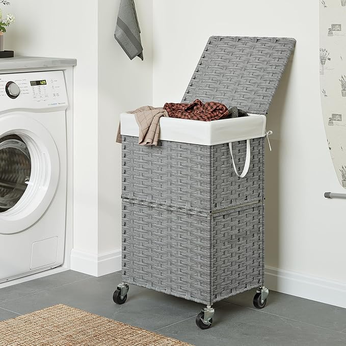 Chrislley 90L Slim Laundry Hamper with Wheels,Rolling Laundry Basket with Lid and Renovable Liner Bag,Handwoven Rattan Organizer for bedroom, bathroom, laundry room (Grey)