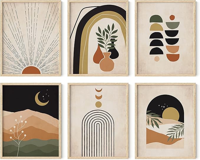 HAUS AND HUES Boho Prints Neutral Wall Art - Set of 6 Boho Mid Century Modern Wall Art, Aesthetic Prints for Wall Decor and Mid-Century Modern Artwork (Beige Frame, 11x14)