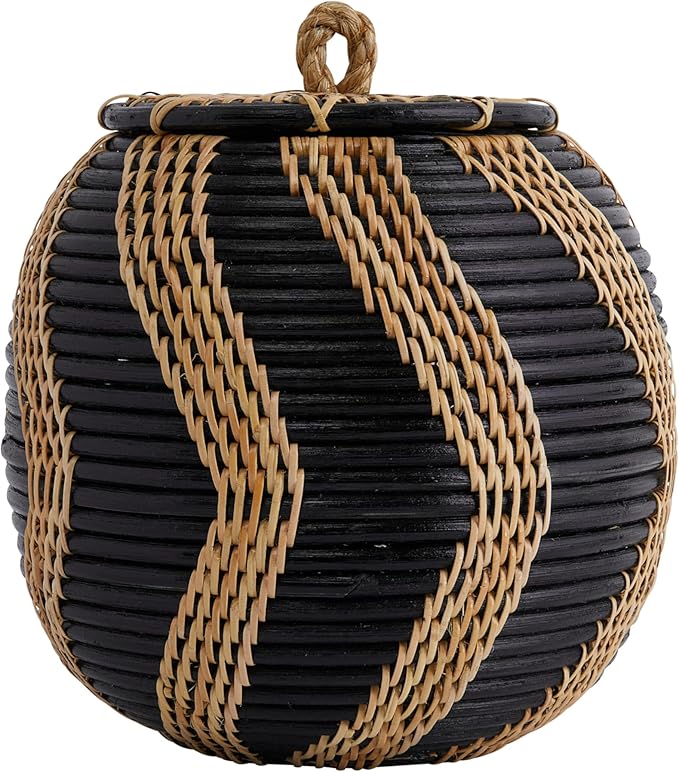 Boho Handwoven Rattan Storage Basket with Lid, Natural and Black