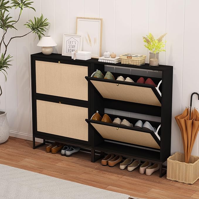 AVZEAR Narrow Shoe Cabinet with 2 Flip Drawer, Freestanding Shoe Organizer Shoe Cabinet Storage for Entryway, Slim Shoe Storage Shoe Rack for Closet with Linen Doors in Hallway, Living Room(Black)