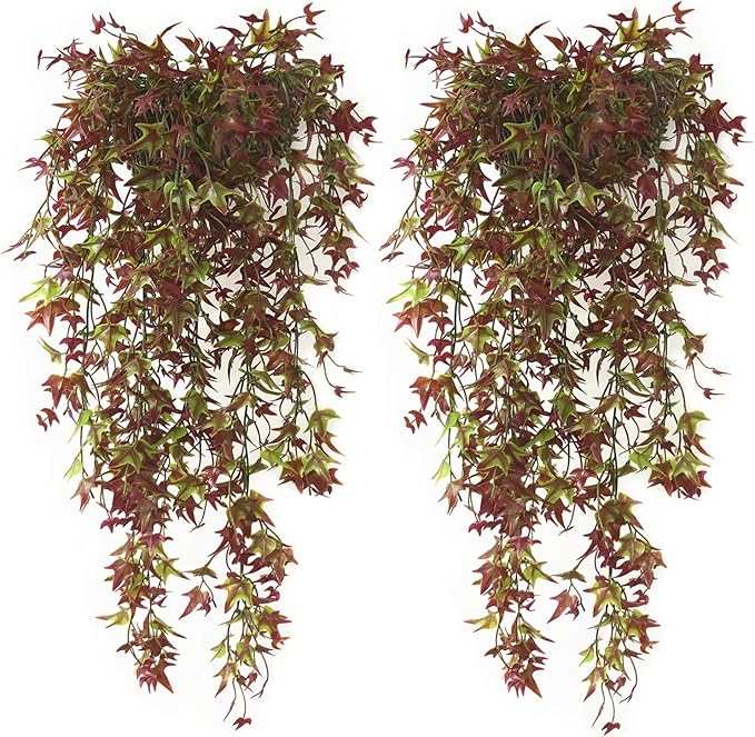 Artificial Hanging Vine Plants for Outdoor Decor, Plastic Ivy Garland Fake Vines Grass Greenery Home Garden Window Box Indoor Party UV Resistant Wedding Wall Decoration Decorations- Red 4 Bundles