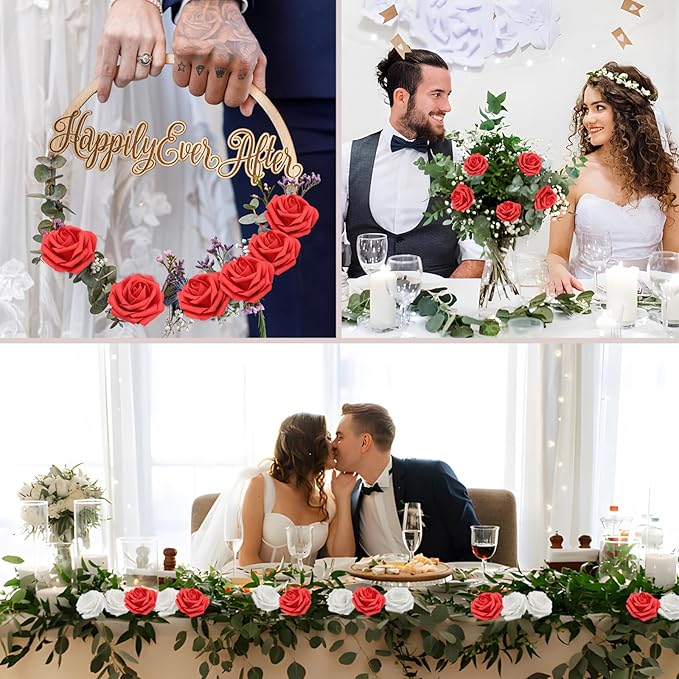 Artificial Flowers Red Roses Real Looking Foam Fake Roses with Leaves and for DIY Wedding Bouquets Bridal Shower Centerpieces Party Decorations (Red, 100)
