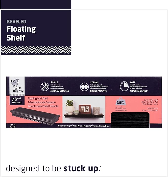 HIGH & MIGHTY 515605 Decorative 18" Floating Shelf Holds up to 15lbs, Easy Tool-Free Dry Wall Installation, Beveled, Retail Packaging, Black