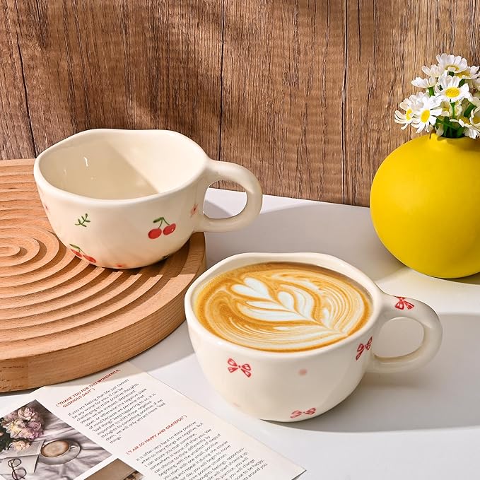 Koythin Ceramic Coffee Mug, Handmade Hot Chocolate Mugs, Cute Cup for Girl Women, Aesthetic Tea Milk Cup with Handle, 8.5 oz/250 ml for Latte, Cocoa, Office, Home (Cherry Flower)