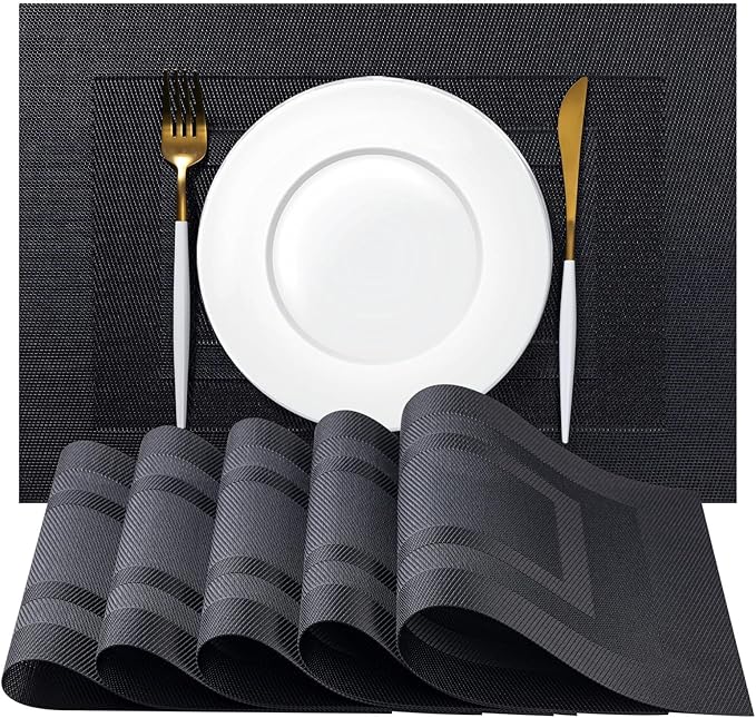 Placemat Set of 4 - Easy Clean Woven Vinyl Placemats for Dining Table, Indoor/Outdoor Place Mats, Washable PVC Table Mats(Black Cube)