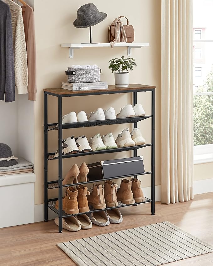 VASAGLE Shoe Rack for Entryway, 5-Tier Shoe Rack Organizer with Storage Shelves and Spacious Top, Freestanding, Adjustable, Industrial, Rustic Brown and Ink Black ULBS038B01