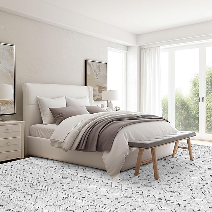 Deerly Carpet for Living Room, Boho Washable Rugs 9x12, Moroccan Area Rug Farmhouse Distressed Rug with Non-Slip Backing, Large Soft Neutral Indoor Rug for Bedroom Dining Room, White/Dark Grey