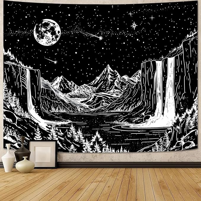 Lunerfex Starry Night Mountain Wall Tapestry - Black and White Celestial Landscape Wall Hanging for Bedroom and Living Room Decor - 3648 Inches