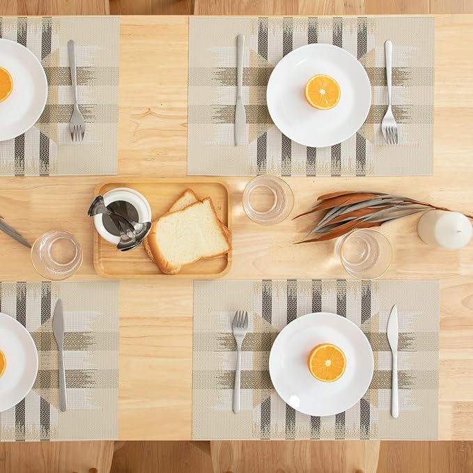 Winknowl Placemats Set of 4, Heat Resistant Stain Resistant Woven Vinyl Insulation Place mats, Durable Washable Elegant Table Mats for Kitchen Dining Table Decor (Geometric Beige)