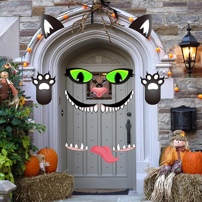 POILKMNI Halloween Black Cat Trunk or Treat Car Decorations Kit, Halloween Garage Door Decorations with Eyes, Fangs, Tongue, Nostrils Double Side Stickers for Car SUV Truck, Halloween Decorations