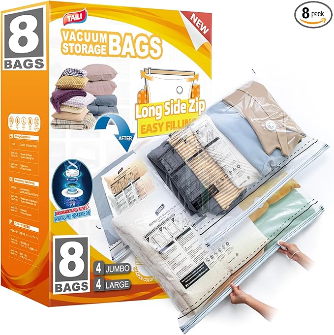TAILI LONG SIDE ZIP 8 Pack Vacuum Storage Bags, Multi-Size Vacuum Seal Bags for Clothing (4 Large+4 Jumbo), Storage Bulky Beddings, Blankets and Clothes, Space Saver for Closet Organization