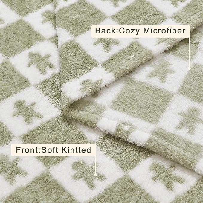 EMME Checkered Blanket Twin Size - 60"x80" Green Knit Blanket Soft Fluffy Patterned Throw Blankets for Couch, Sofa, Chair, Bed, Camping, Picnic, Travel
