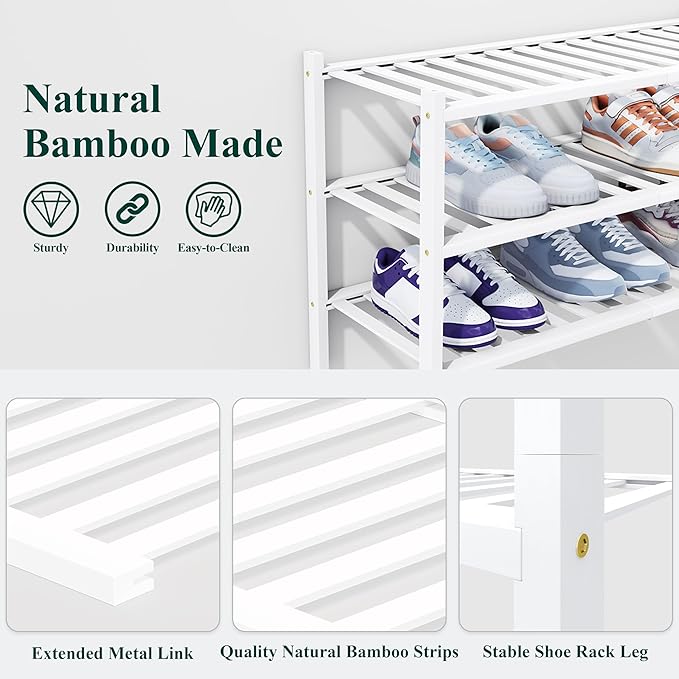 Smiry Shoe Rack, 6 Tier Thick Bamboo Shoe Organizer, Stackable Free Standing Wooden Shoe Storage Shelf for Closet, Entryway, Front Door Entrance, White