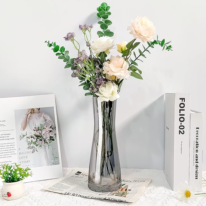 Aoderun Flower Vase for Decor 10" Clear Glass Vase for Centerpieces Large Vases for Flowers Dried Flower Home Decor Living Room Kitchen Office Wedding(Grey)