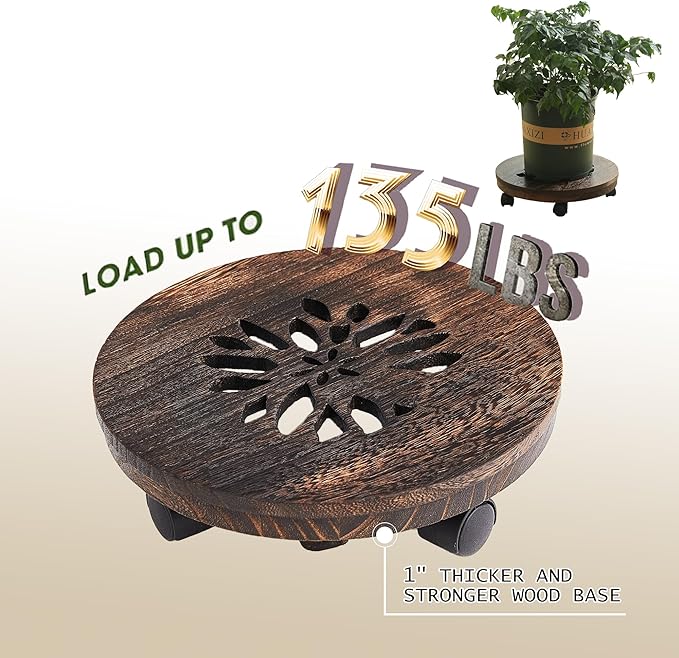 13" Plant Caddy Plant Stand with Wheels Rolling Plant Stand Heavy Duty Wood Plant Caddy, Heavy Duty Rolling Planter With Lockable Wheels Indoor Outdoor Potted Plant Roller Base Stand,Patio,Flower Pot