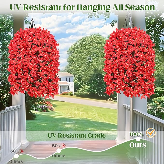 4 Pcs UV Resistant Artificial Flowers for Outdoors, Realistic Faux Silk Bougainvillea Flowers, Fake Hanging Plants for Porch Patio Balcony Decoration (Red)