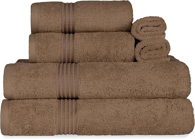 Superior Egyptian Cotton 6-Piece Towel Set, Bathroom Essentials, Towels For Bathroom, Apartment, Airbnb, Guest Bath, Face, Hand, Bath Towels, Washcloths, Absorbent, Fast Drying, Mocha