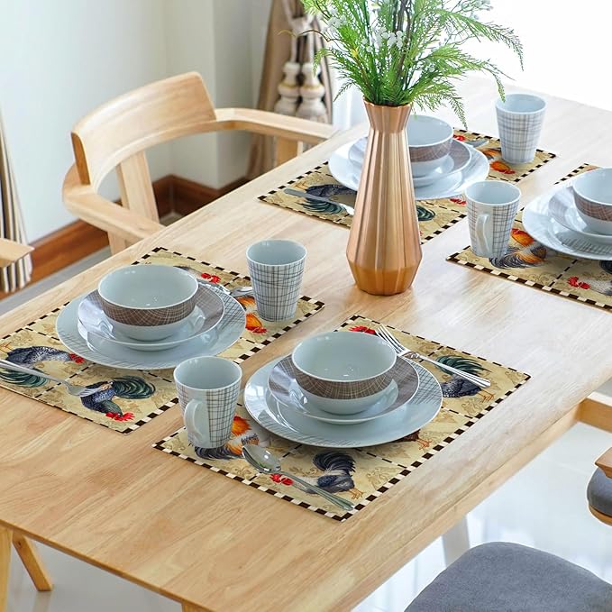 Rooster Placemats Set of 4-12 x 18 Inch Farm Animal Chicken Cotton Linen Table Mat Country Style Buffalo Plaid Decoration Washable Table Place Mats for Kitchen Dining Party