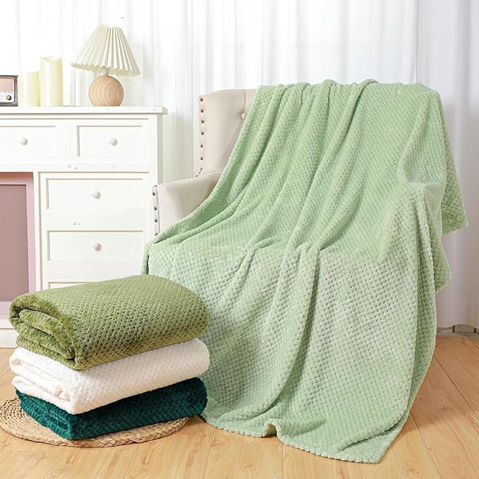 Newwiee 4 Pcs Flanne Fleece Throw Blanket for Bed Couch Large 3D Waffle Textured Soft Blanket Winter Warm Lightweight No Shedding No Pilling Decorative Throw, 50x60 Inch(Gradient Green)