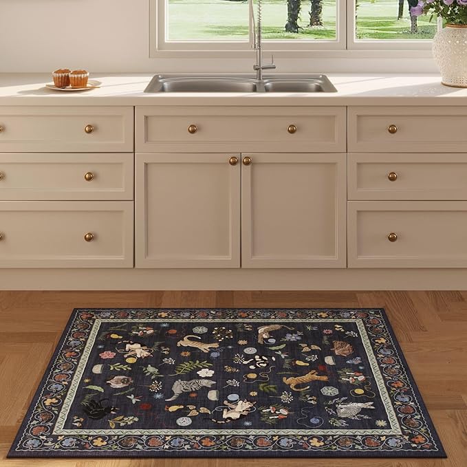 Door Mat Indoor Entrance 2x3 Rug Machine Washable Boho Floral Animal Cat Small Area Rug Non-Slip Low Pile Throw Rugs for Entryway Kitchen Front Door Entry Kids Room, Cobalt Blue