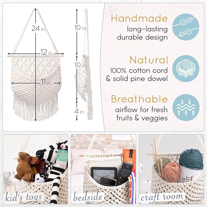Macrame Fruit Basket, Vegetable and Fruit Hammock for Kitchen Under Cabinet - Hanging Wall Decor, Boho Baskets for Storage, Counter Space Saver - Cotton, Off White