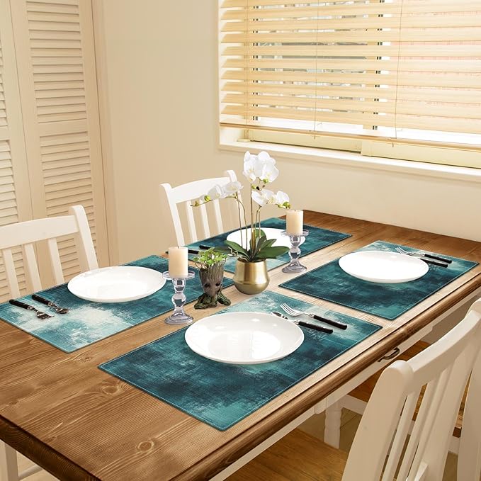 Emvency Farmhouse Placemats Set of 4, Abstract Teal and White Vintage Art Painting 12x18 Inch Table Mats for Outdoor Home Party Kitchen Dining Decoration