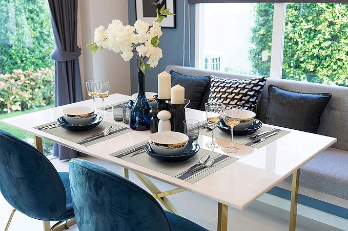 More Décor Dining Table Placemats, Washable Heat-Resistant PVC Vinyl Table Mats for Dining Room and Kitchen, Anti-Slip - Set of 6 - Vertical Striped Blue - Grey