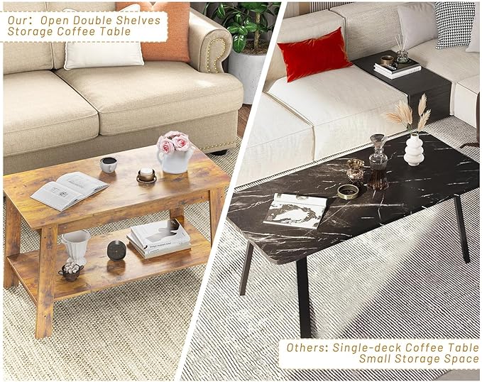 2-Tie Coffee Table, Rustic Wood Living Room Tables with Open Rectangular Storage Compartment, Coffee Tables for Living Room, Outdoors, Home Office, Bedroom, Retro Brown