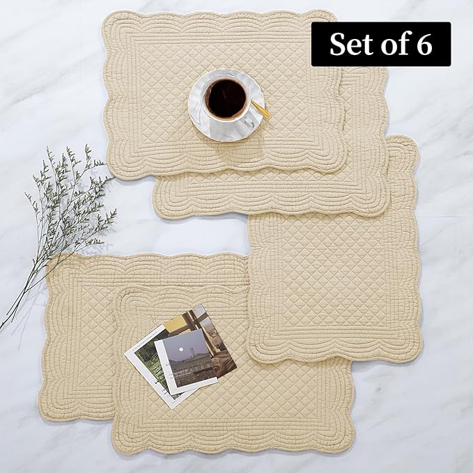 HOMBYS Quilted Placemats Set of 6 Washable-13x18 inches Rectangular Placemats for Kitchen Table-100% Cotton Fabric Rectangular Table Mats, (Light Brown)