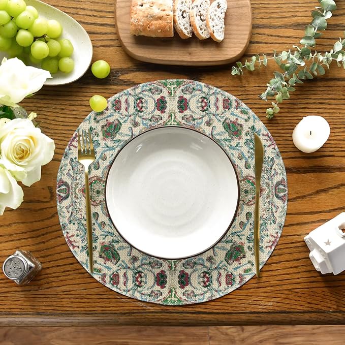 Artoid Mode Boho Round Placemats Set of 4,14 Inch Seasonal Daily Green Flowers Bohemian Table Mats for Party Kitchen Dining Decoration