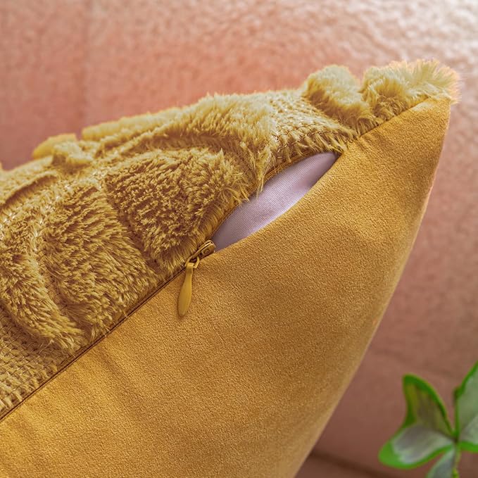 Pumpkin Fall Decorative Throw Pillow Covers 12"x20", Set of 2 Mustard Yellow Soft Faux Fur Pillow Covers for Autumn Harvest, Fluffy Plush Accent Pillow Cases for Farmhouse Halloween Decor