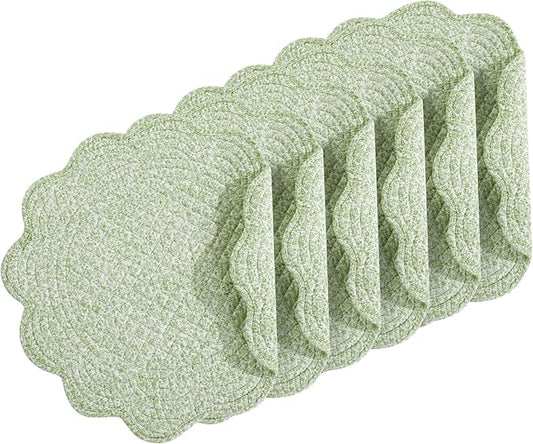 HOMBYS Quilted Placemats Set of 6 Washable Round Placemats for Kitchen Table-100% Cotton Fabric 13 Inch Round Table Mats, Cotton Fabric with Microfiber Filling, (13"x13", White & Green Flower)
